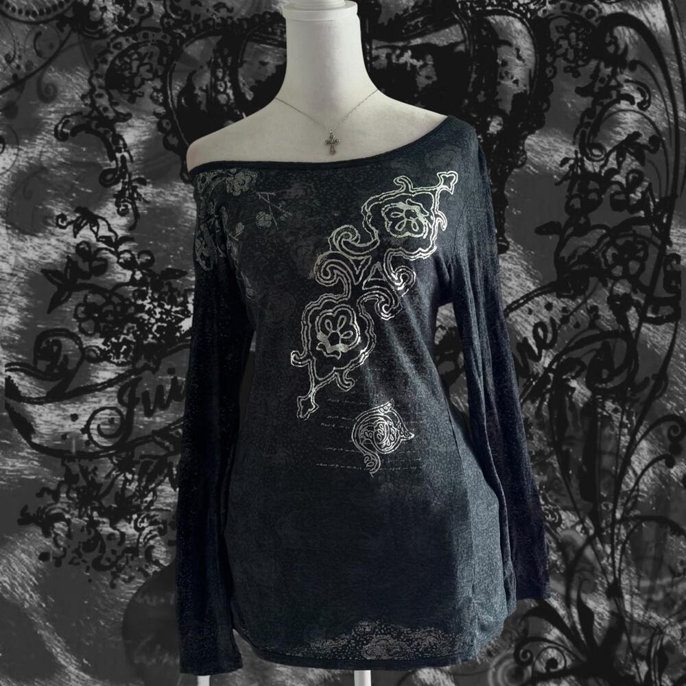 metallic silver and inverted grey dark charcoal heather grey whimsigoth glam top